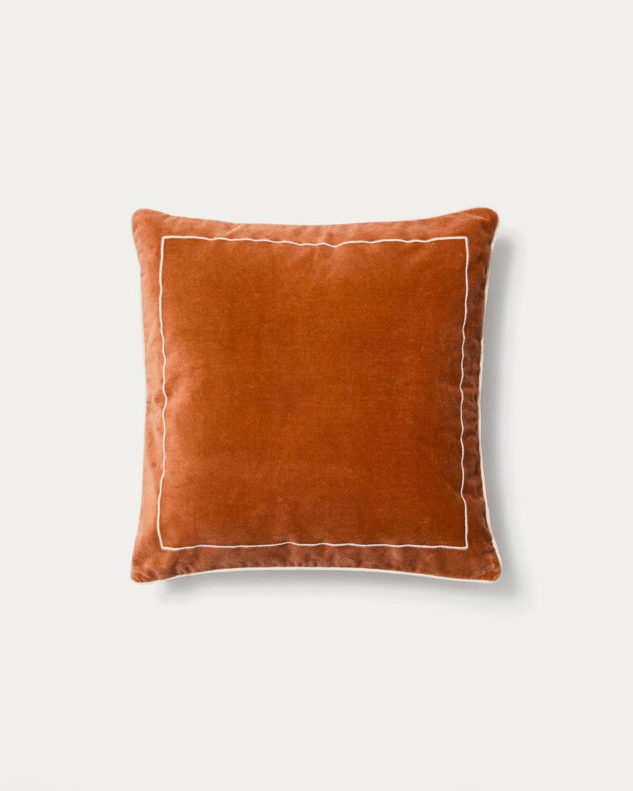 Housse de coussin Tivani en velours orange brodé avec liseré contrasté 45 x 45 cm
