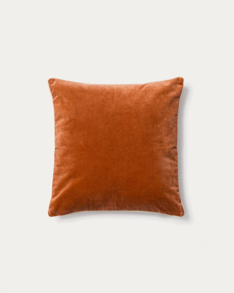 Housse de coussin Tivani en velours orange brodé avec liseré contrasté 45 x 45 cm
