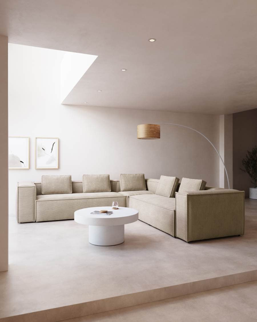 Blok fire-retardant 6-seater corner sofa in thick ecru corduroy 320x320cm FSC Mix Credit FR