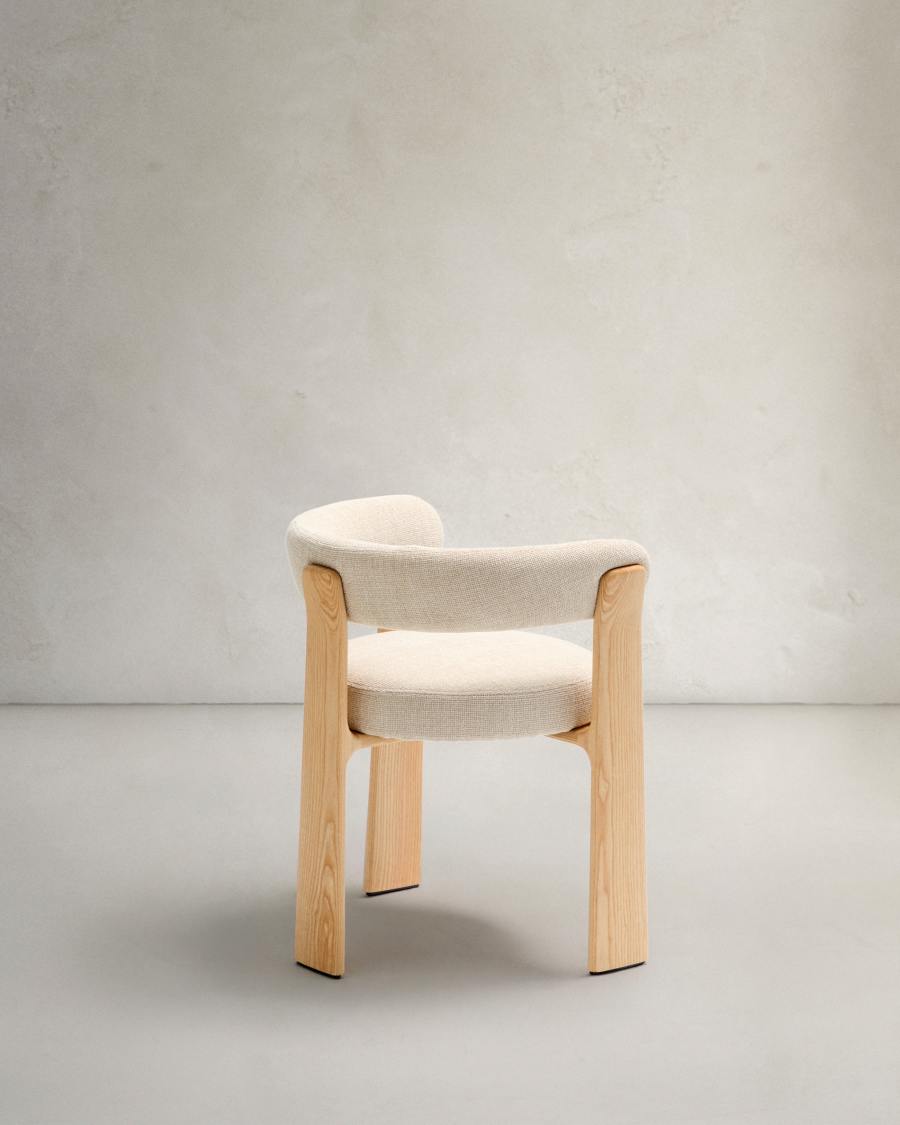 Granite fire-retardant chair (3 legs) in beige chenille and solid ash wood with natural-coloured finish FSC 100%