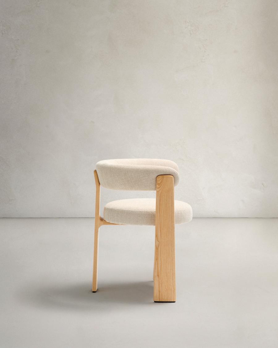 Granite fire-retardant chair (3 legs) in beige chenille and solid ash wood with natural-coloured finish FSC 100%