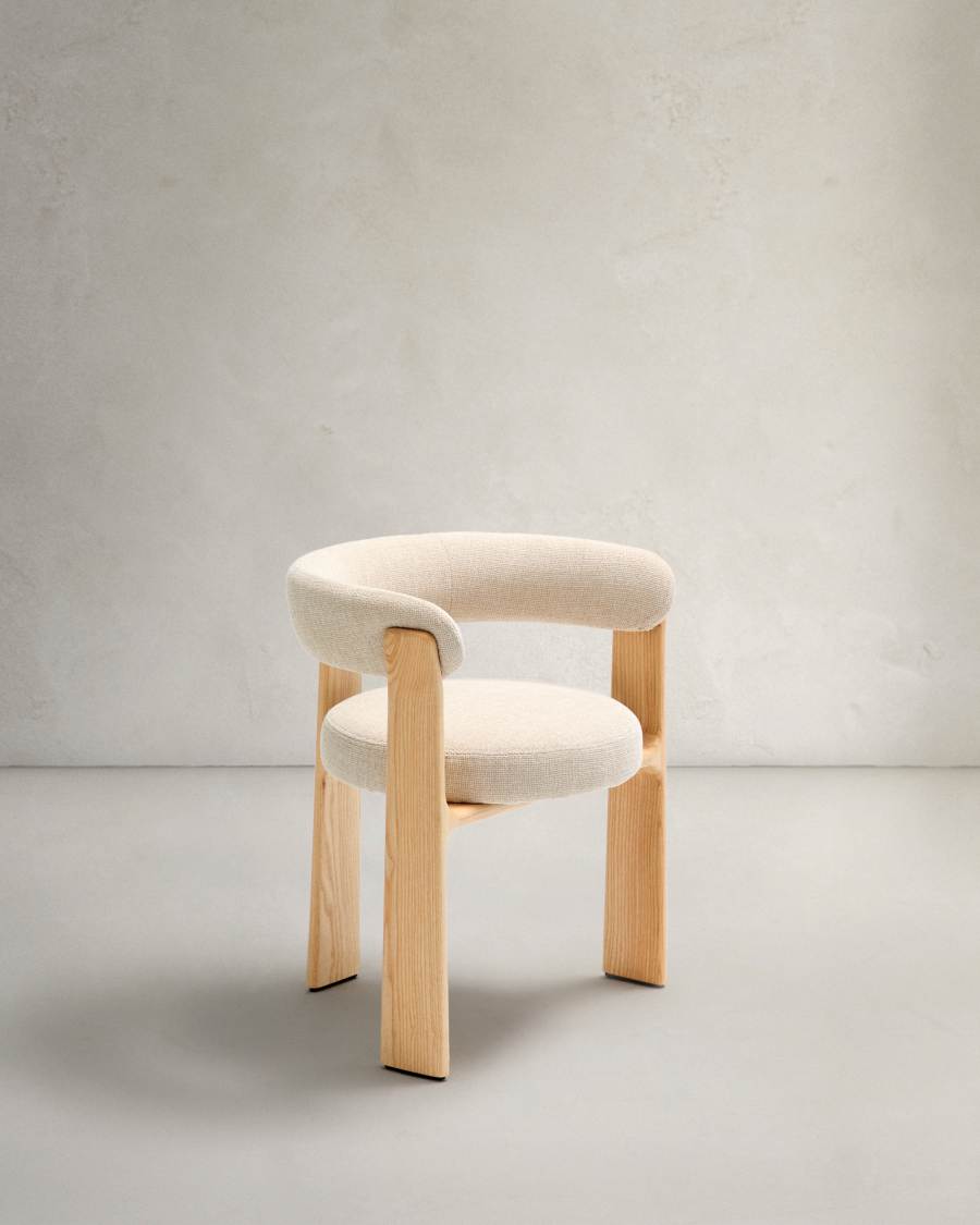 Granite fire-retardant chair (3 legs) in beige chenille and solid ash wood with natural-coloured finish FSC 100%