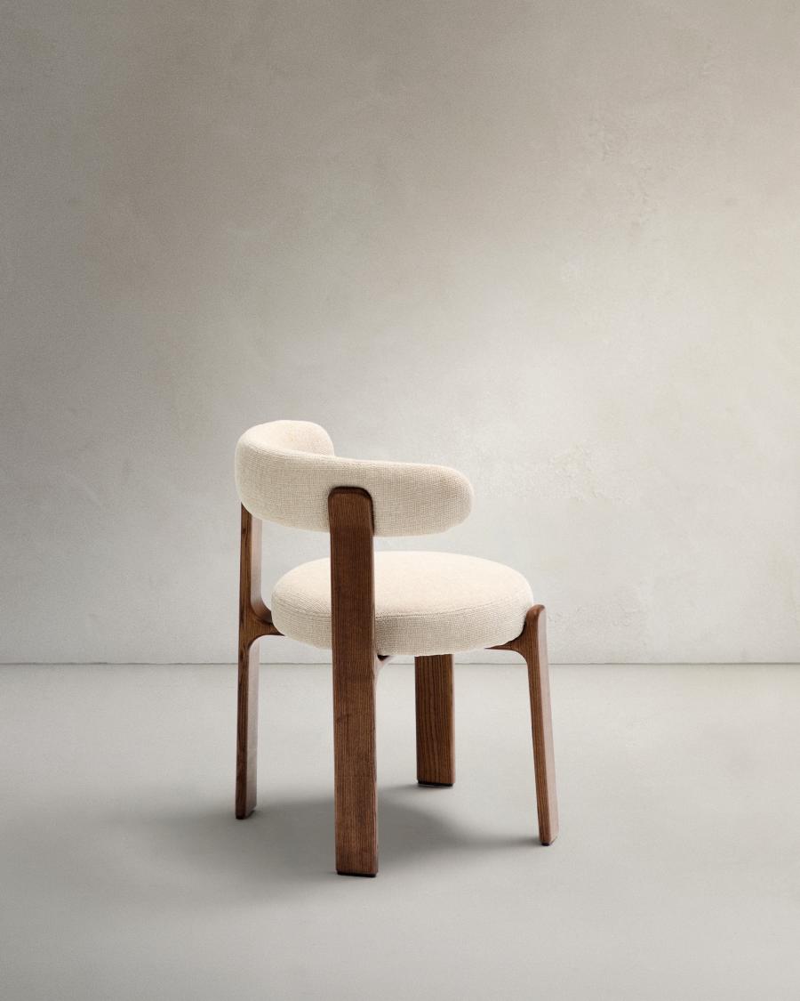 Granite fire-retardant chair in beige chenille and solid ash wood with walnut-coloured finish FSC 100%