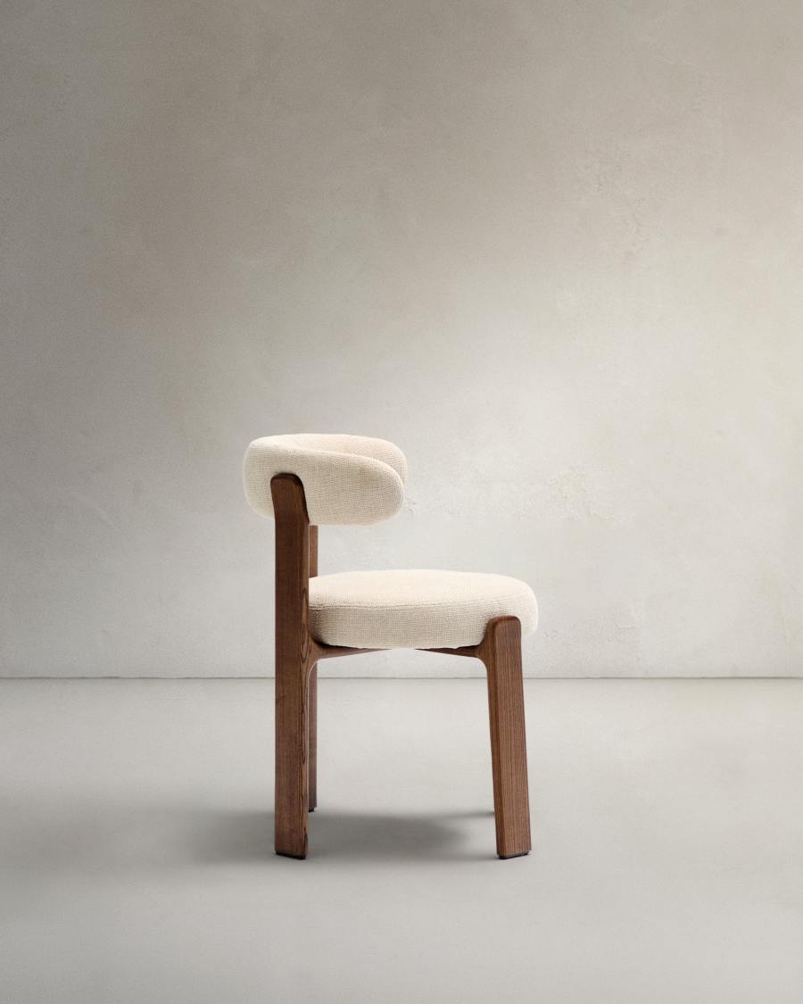 Granite fire-retardant chair in beige chenille and solid ash wood with walnut-coloured finish FSC 100%