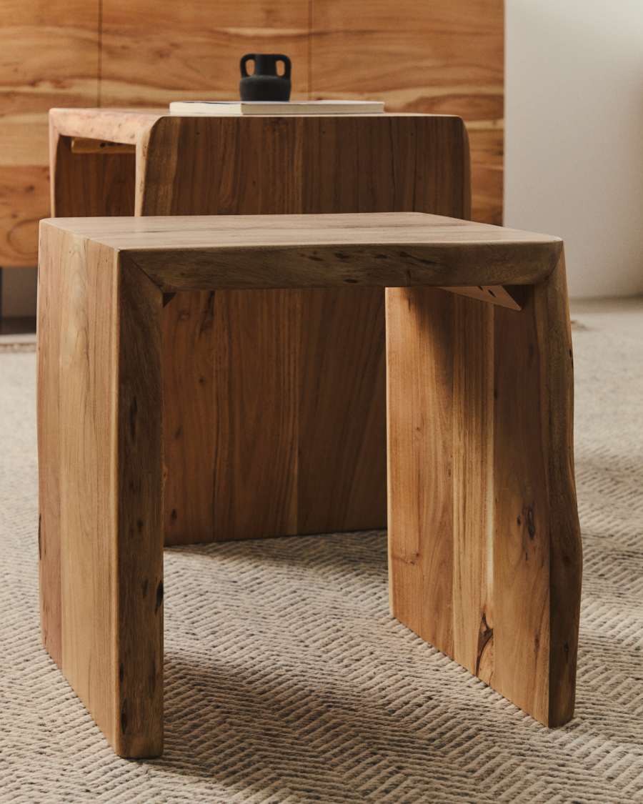 Lomiri set of 2 nesting side tables in solid acacia wood with bleached finish 50 x 42cm/34 x 42cm