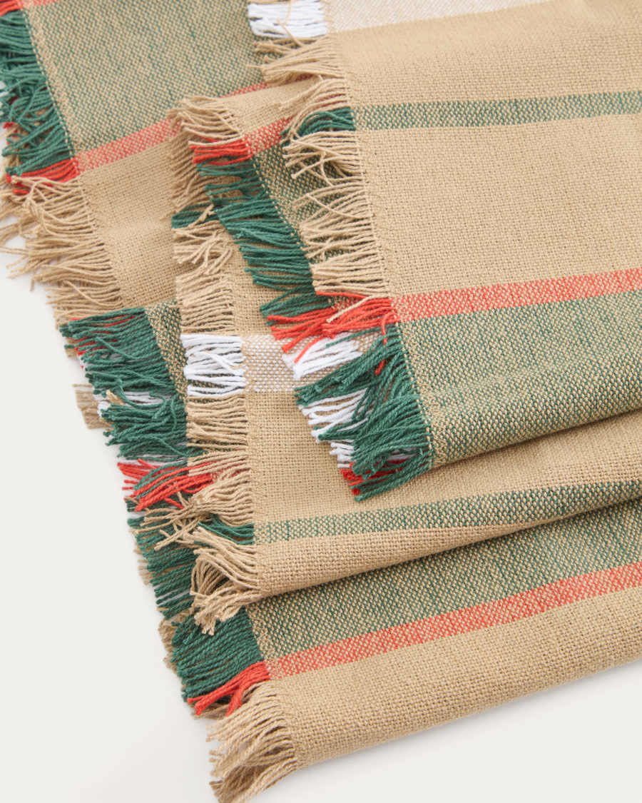 Chemin de table Davia 100 % coton à rayures vertes et à franges 50 x 150 cm