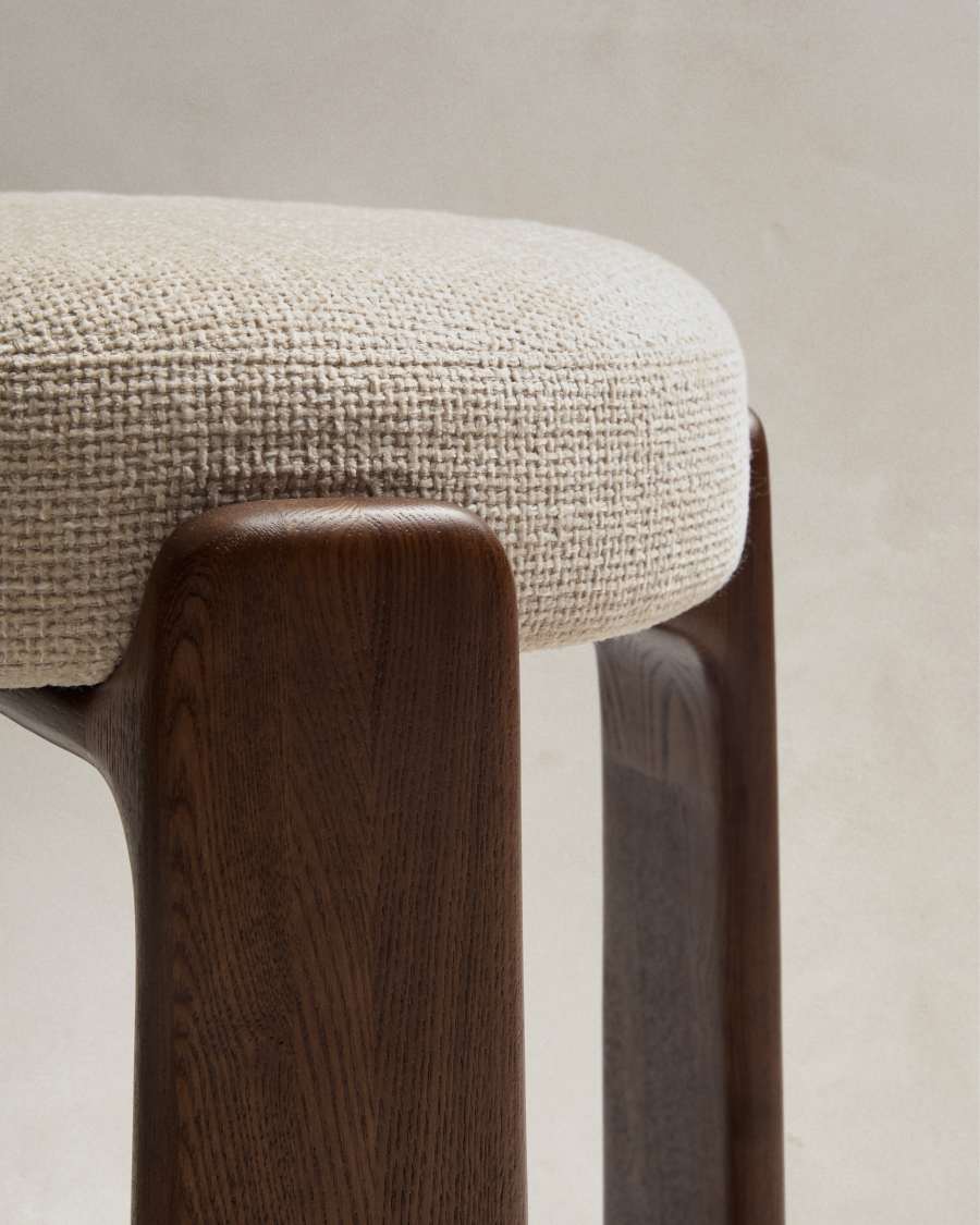 Granite stool in beige chenille and solid ash wood with walnut-coloured finish FSC 100% 65cm