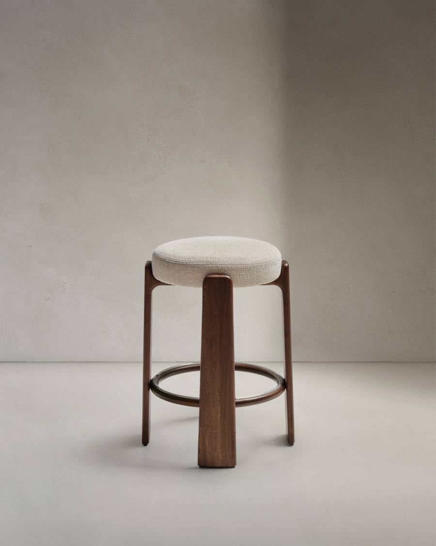 Granite stool in beige chenille and solid ash wood with walnut-coloured finish FSC 100% 65cm