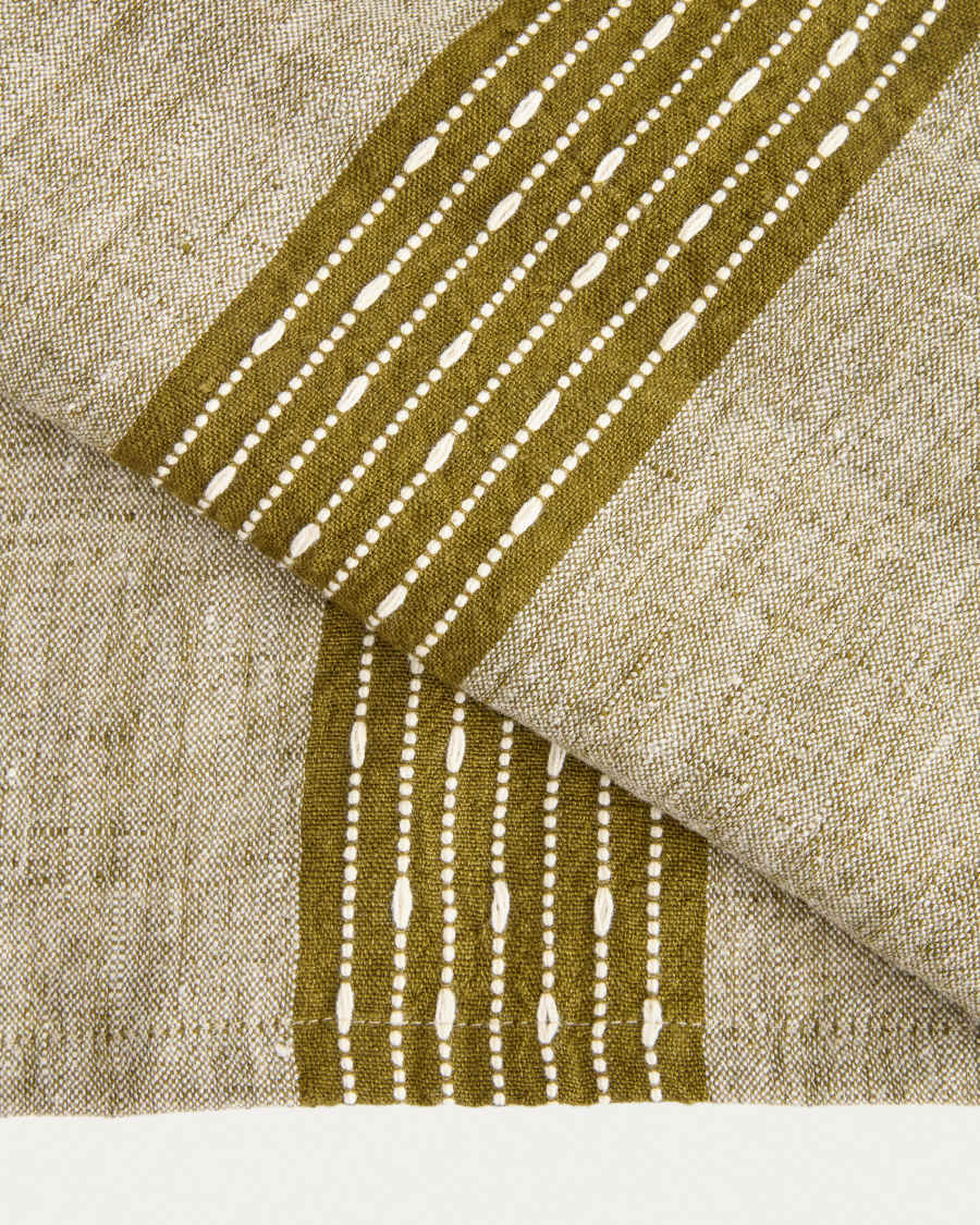 Calena linen jacquard table runner with green central stripe 50 x 150 cm