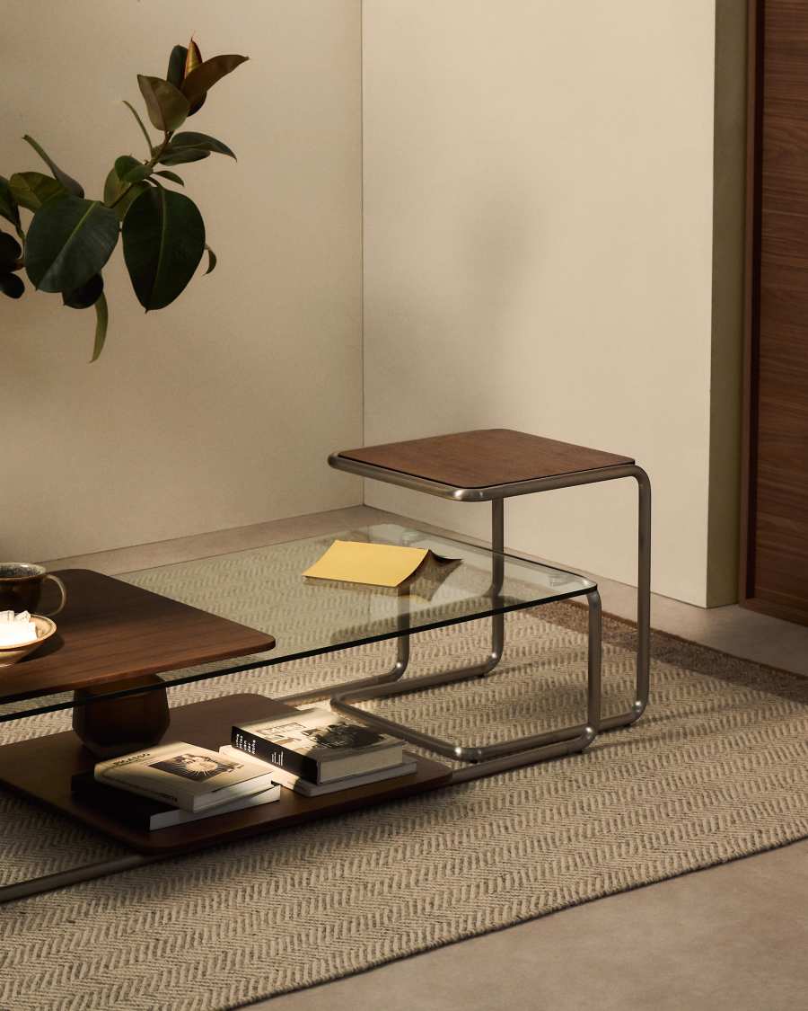 Tarsel side table in walnut veneer with brushed stainless steel structure 42 x 47cm