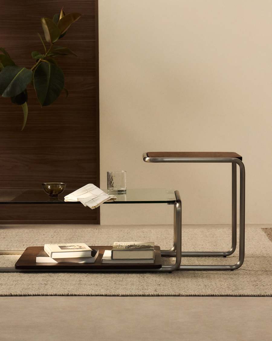 Tarsel side table in walnut veneer with brushed stainless steel structure 42 x 47cm