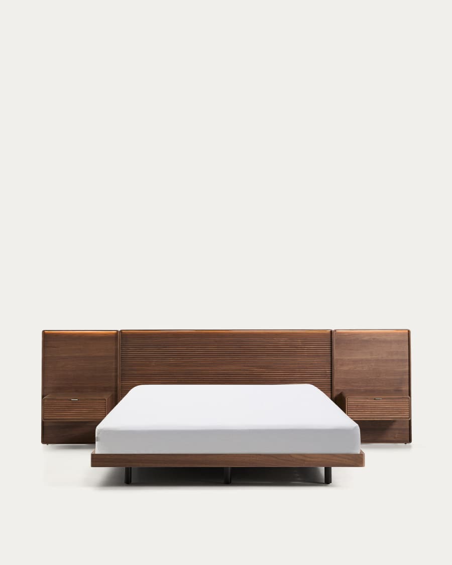 Norlen bed with 2 bedside tables in walnut veneer with dark finish and LED light for 160 x 200cm mattress FSC Mix Credit UK adapter