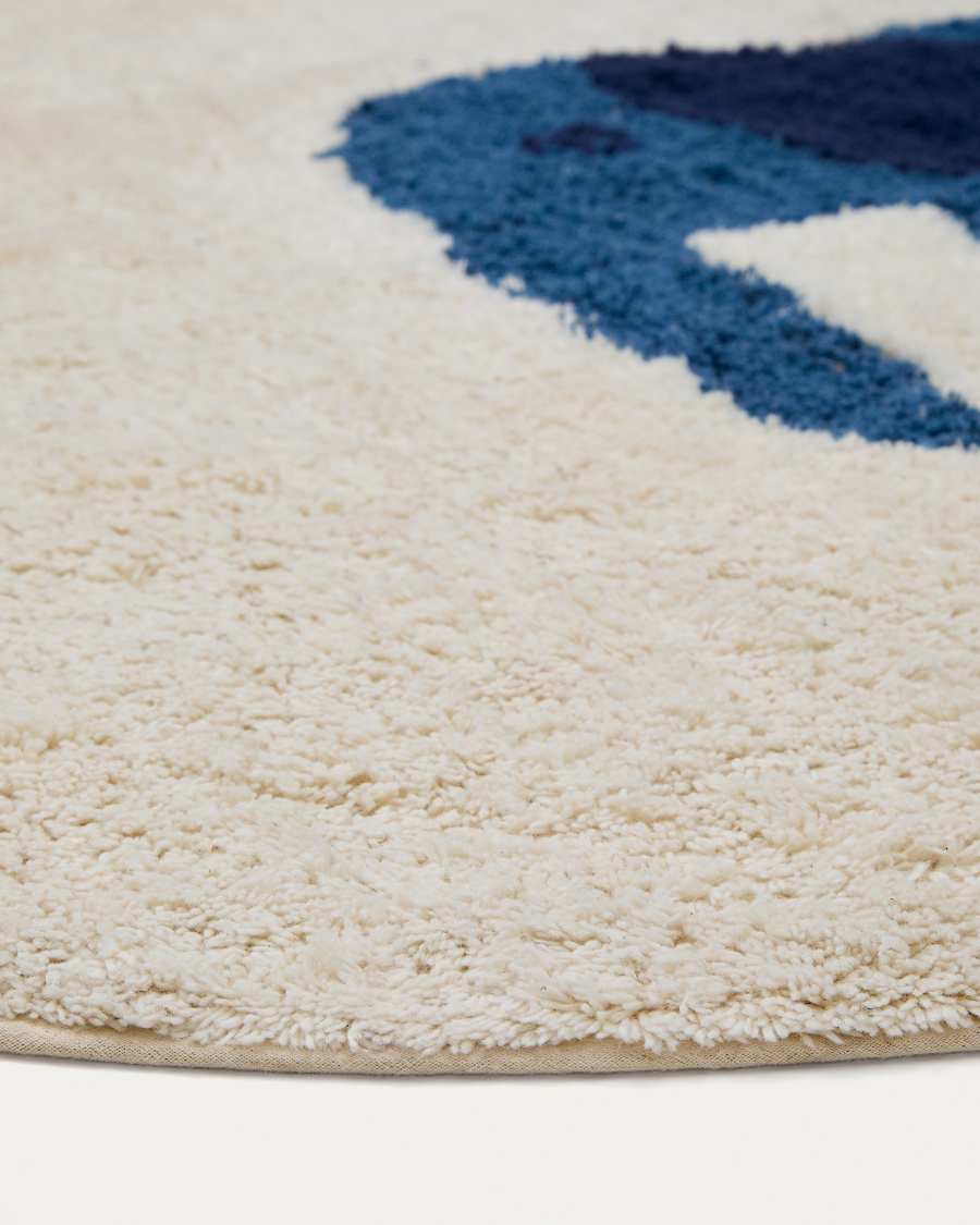 Tandani beige cotton round rug with blue elephant Ø 100cm