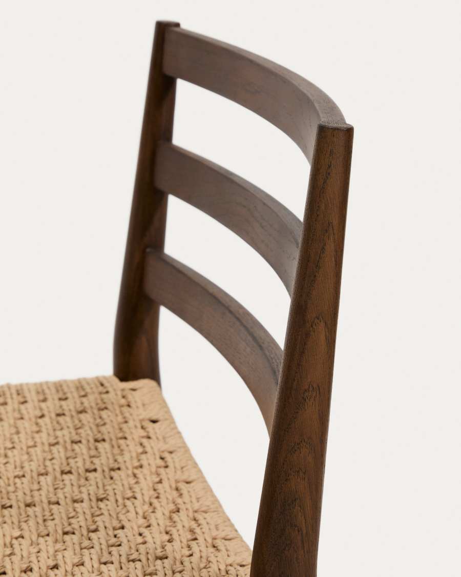 Analy stool with backrest in solid oak wood with walnut-tone finish and rope seat, 65 cm, FSC 100%