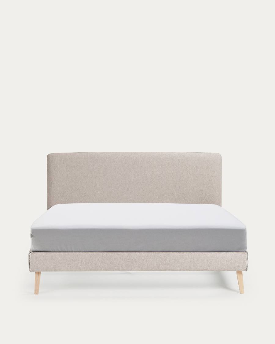 Dyla bed with removable cover in beige, with solid beech wood legs for a 160 x 200 cm mattress