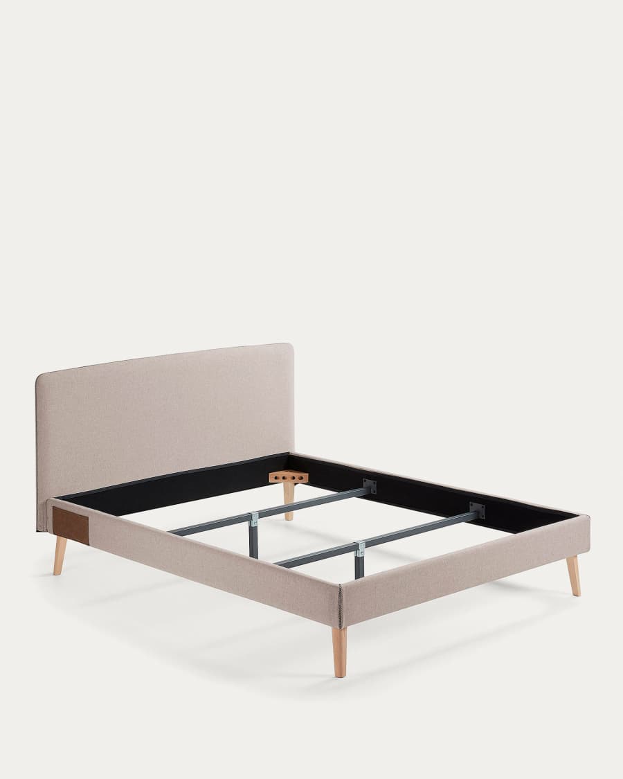Dyla bed with removable cover in beige, with solid beech wood legs for a 150 x 190 cm mattress