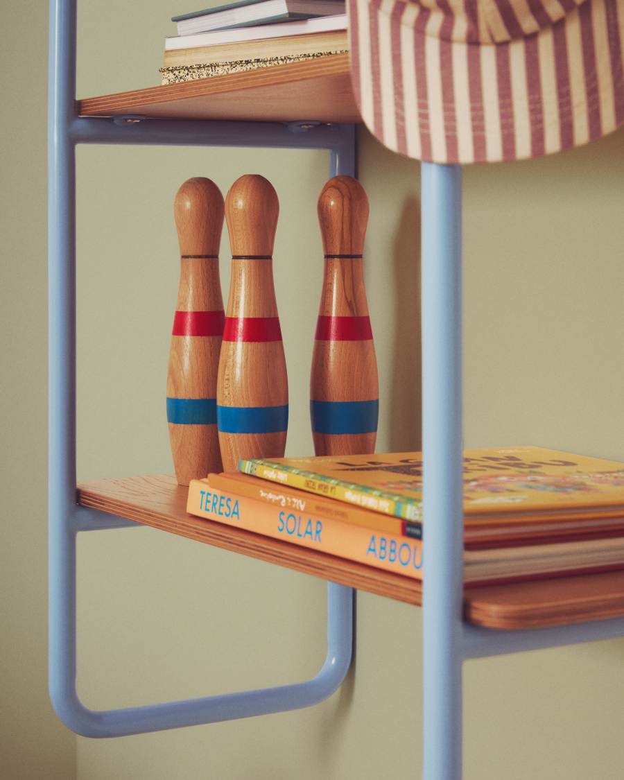 Tinn ash veneer shelf with a blue metal structure, 70 x 60 cm
