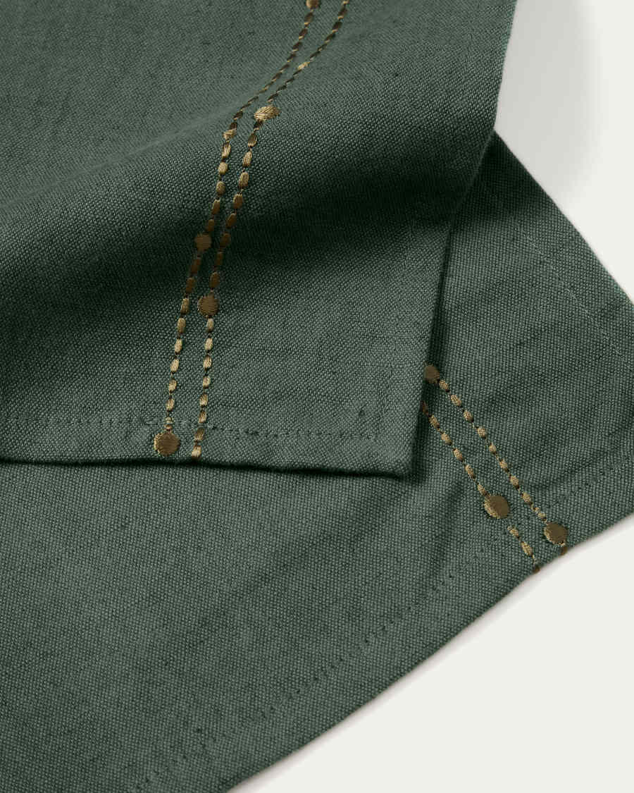 Flia set of 2 green linen and cotton napkins with gold lurex embroidery detail 30 x 30cm