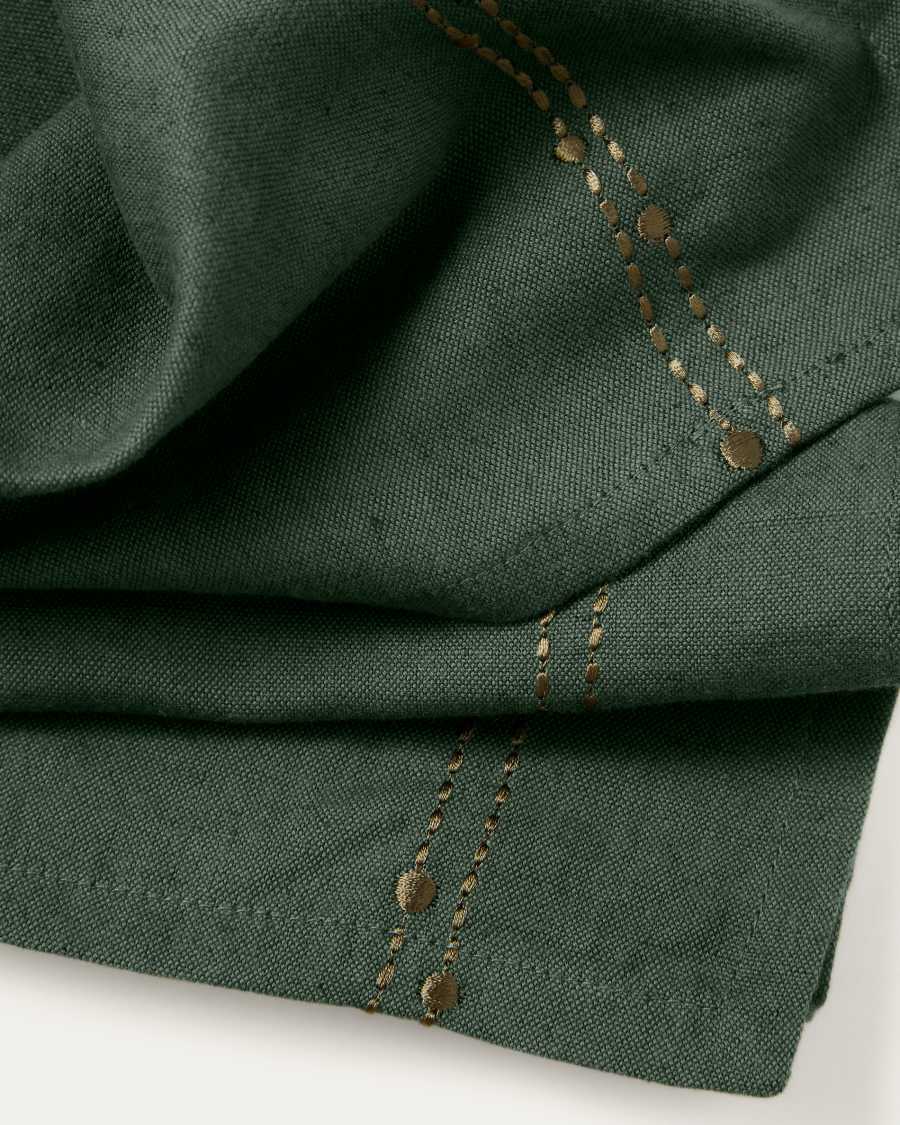 Flia set of 2 green linen and cotton napkins with gold lurex embroidery detail 30 x 30cm