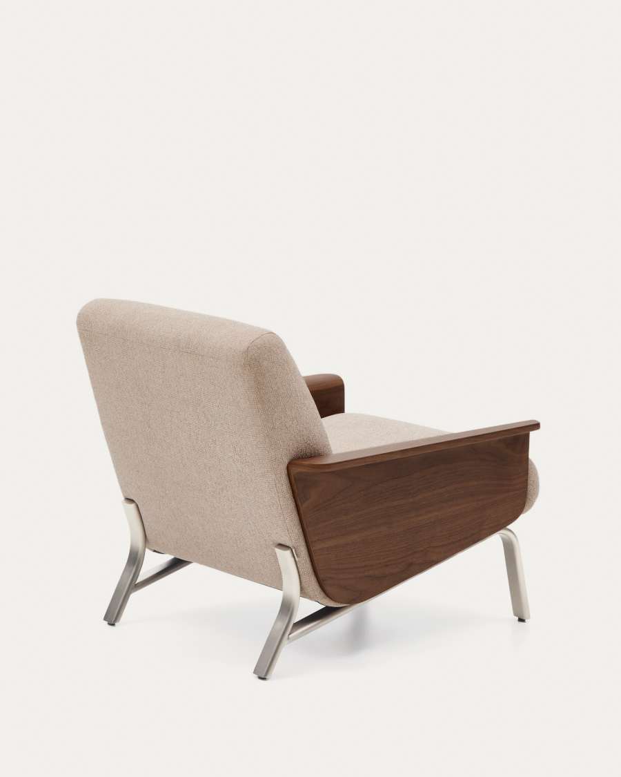 Amsen light brown armchair in walnut plywood with legs in brushed stainless steel