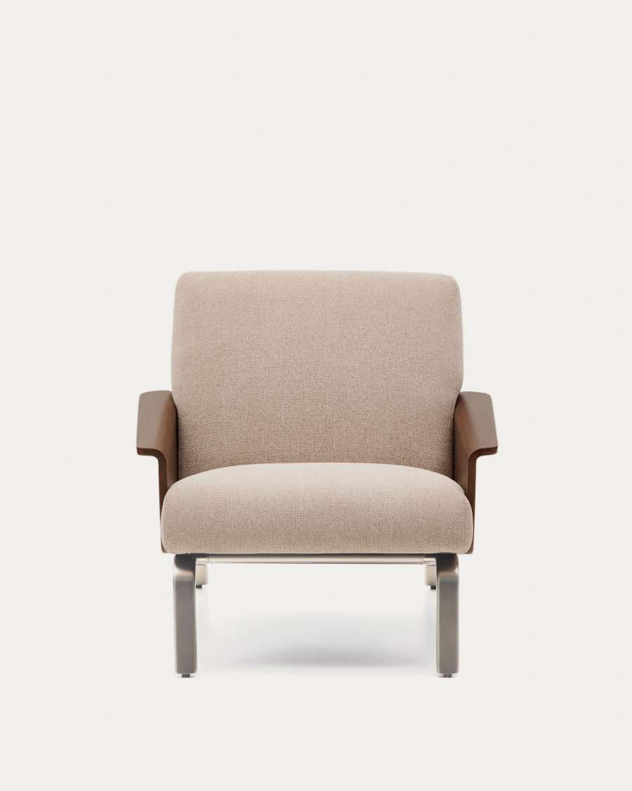 Amsen light brown armchair in walnut plywood with legs in brushed stainless steel