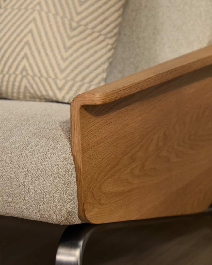 3-Sitzer-Sofa Amsen aus Eichensperrholz mit beiger Chenille und Beinen aus em gebürsteten Edelstahl 205 cm