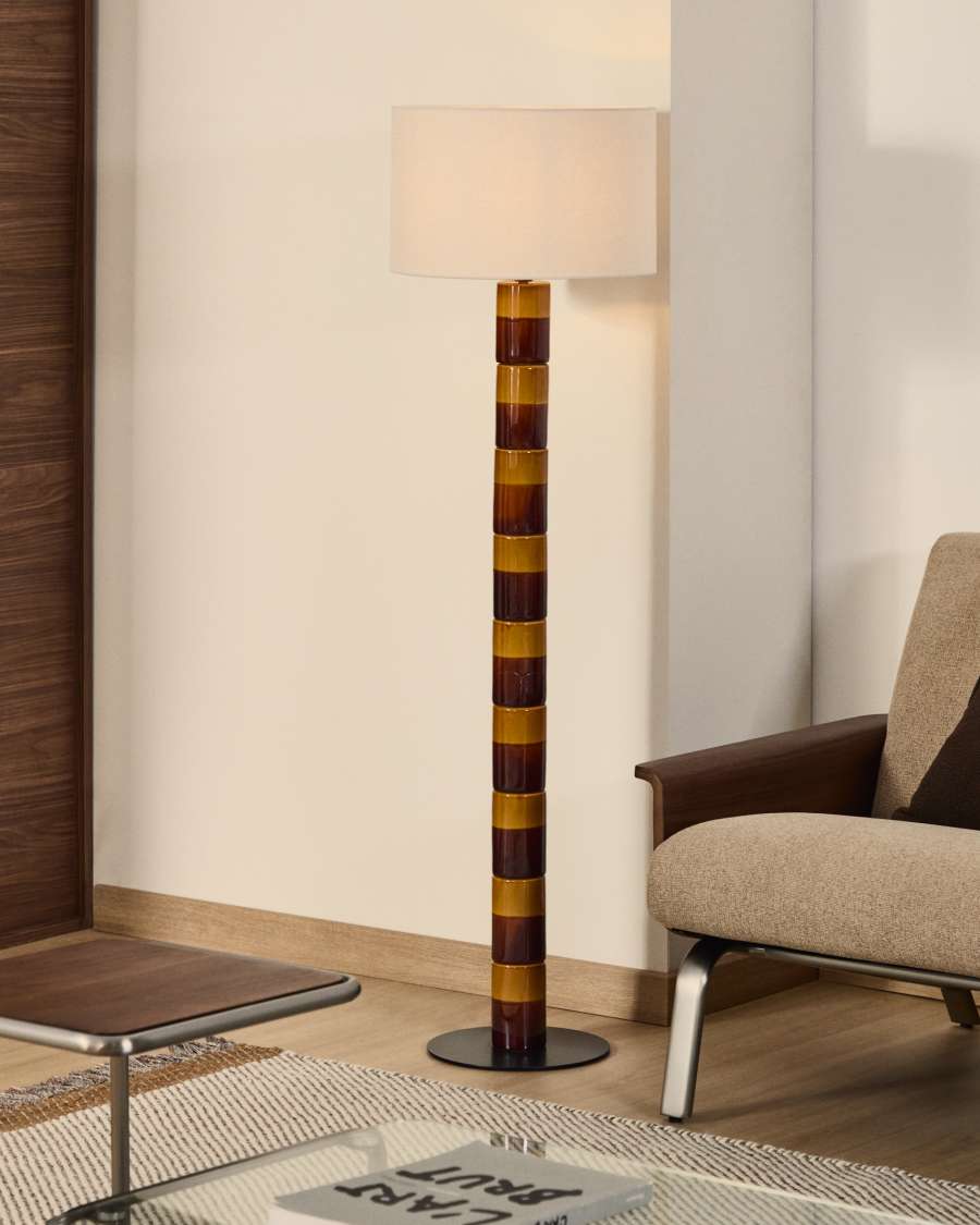 Mavran floor lamp with brown and mustard ceramic base and cotton lampshade