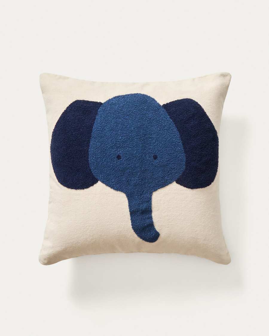 Tandani beige cotton floor cushion cover with blue elephant 70 x 70 cm