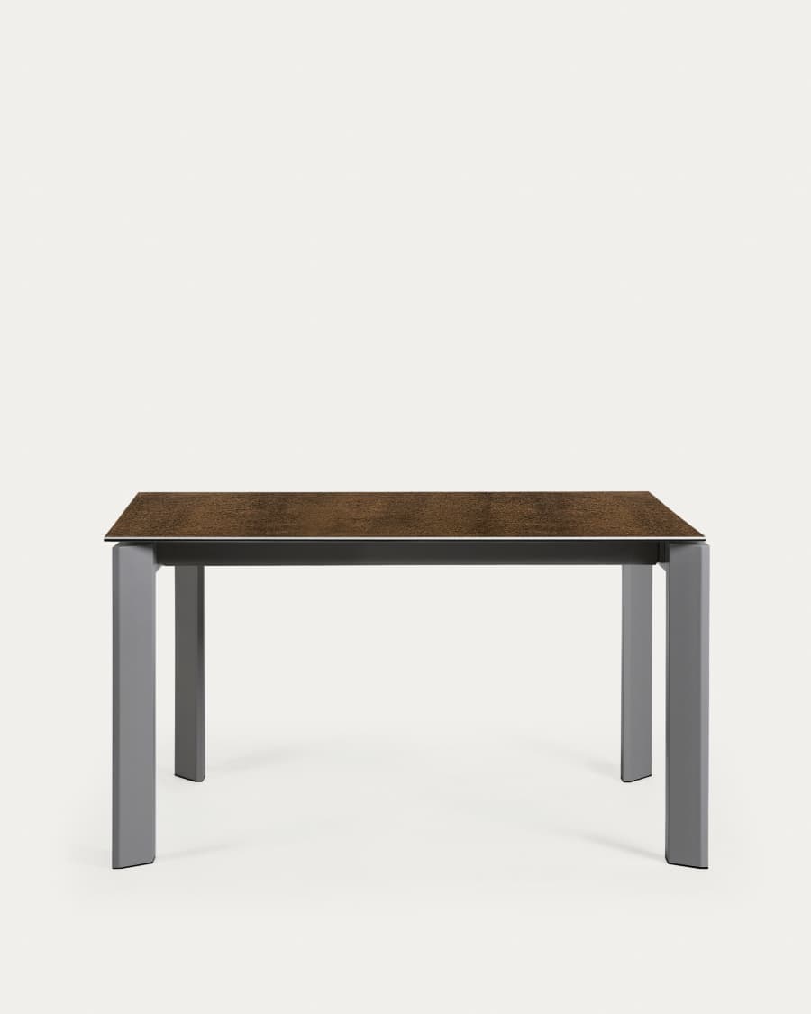 Axis extendable porcelain table with Iron Corten finish and dark grey steel legs, 140 (200) cm