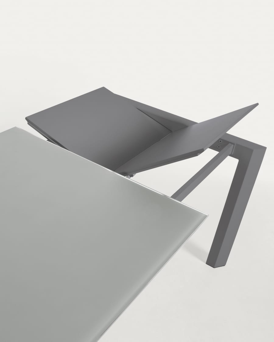 Axis extendable table in grey glass with steel legs in a dark grey finish, 140 (200) cm