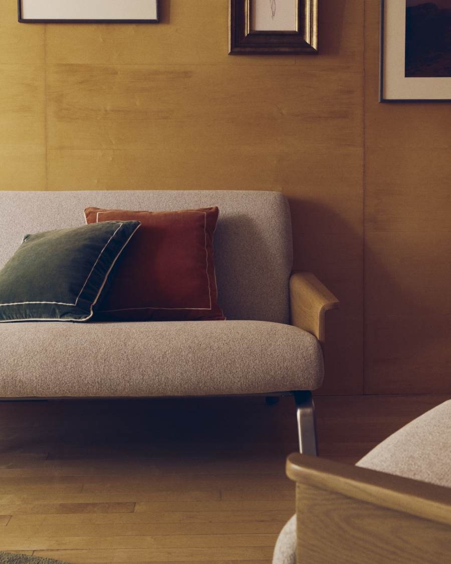 Amsen beige 2-seater sofa in oak plywood with brushed stainless steel legs 165cm