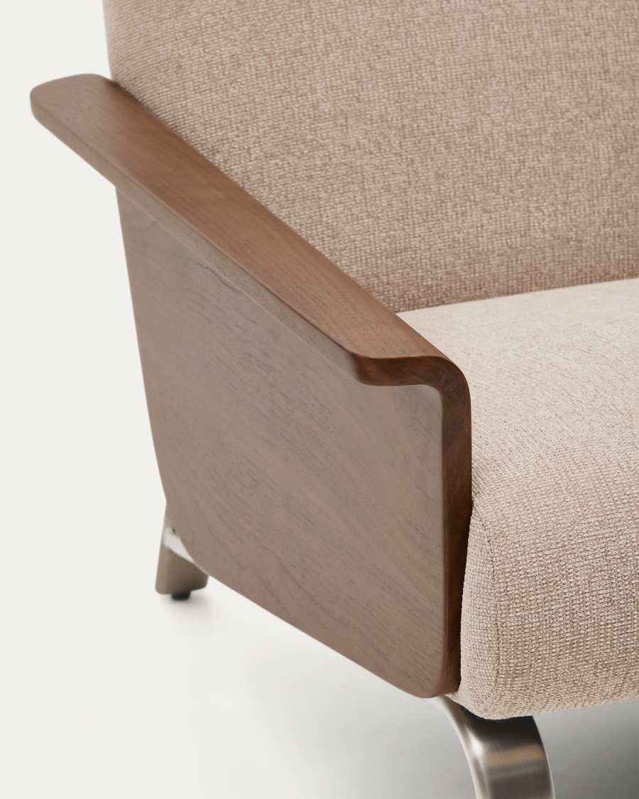 Amsen light brown 2-seater sofa in walnut plywood with brushed stainless steel legs 165cm