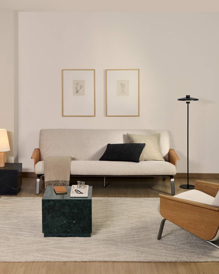 3-Sitzer-Sofa Amsen aus Eichensperrholz mit beiger Chenille und Beinen aus em gebürsteten Edelstahl 205 cm