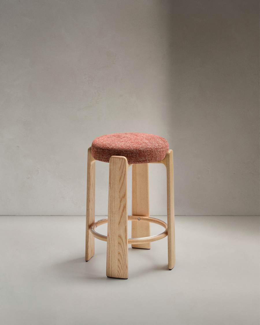 Granite fire-retardant stool in terracotta chenille and solid ash wood with natural finish FSC 100% 75 cm