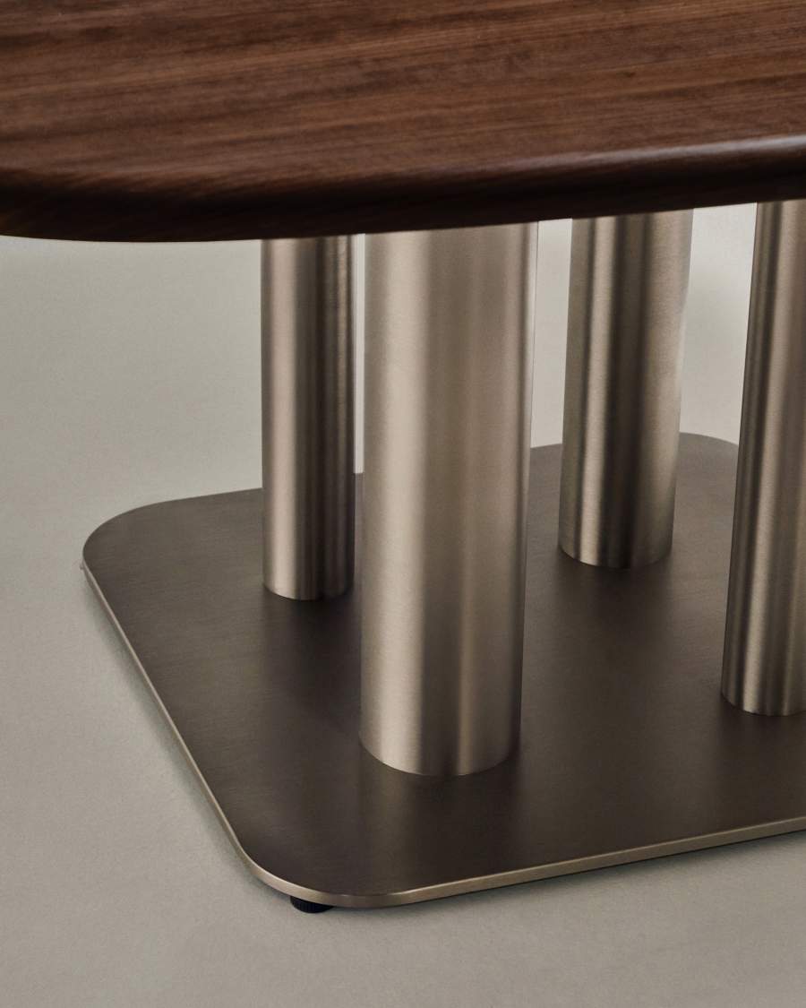 Melvar table made from walnut veneer and legs with brushed stainless steel base 121 x 121cm
