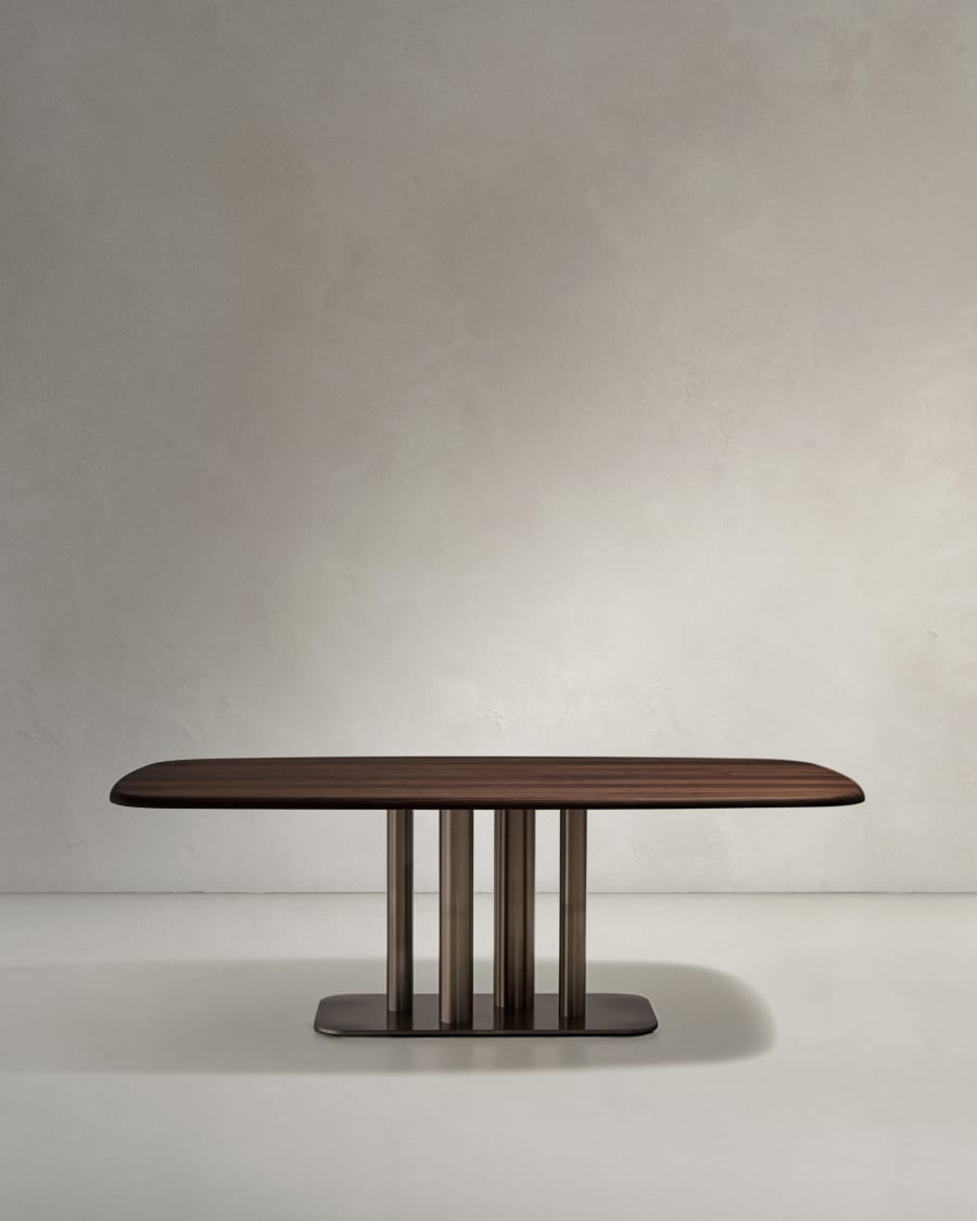 Melvar table made from walnut veneer and legs with brushed stainless steel base 220 x 110cm