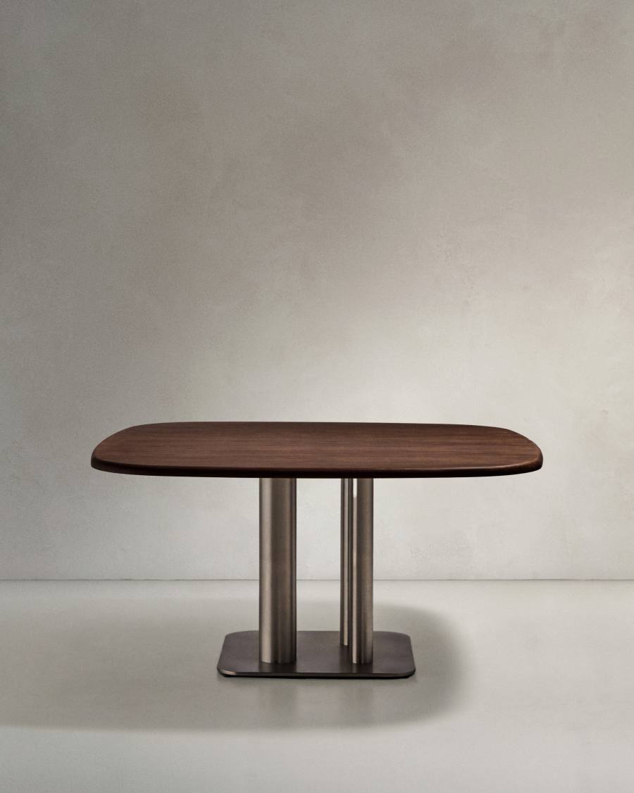 Melvar table made from walnut veneer and legs with brushed stainless steel base 150 x 150cm