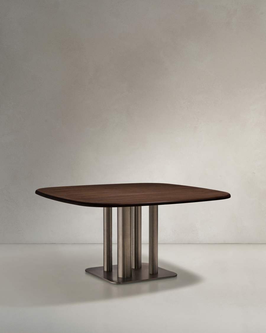 Melvar table made from walnut veneer and legs with brushed stainless steel base 150 x 150cm
