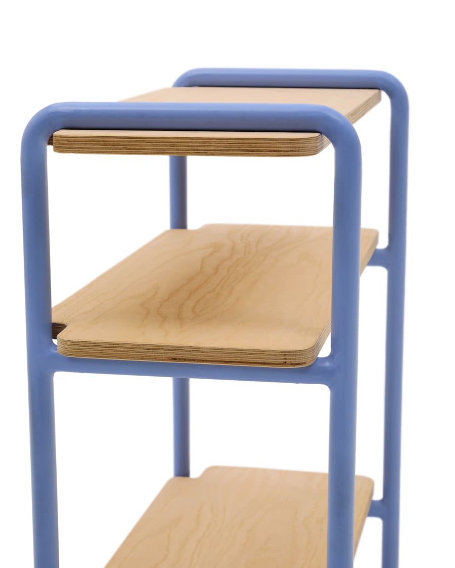 Tinn ash veneer shelf with a blue metal structure, 70 x 60 cm