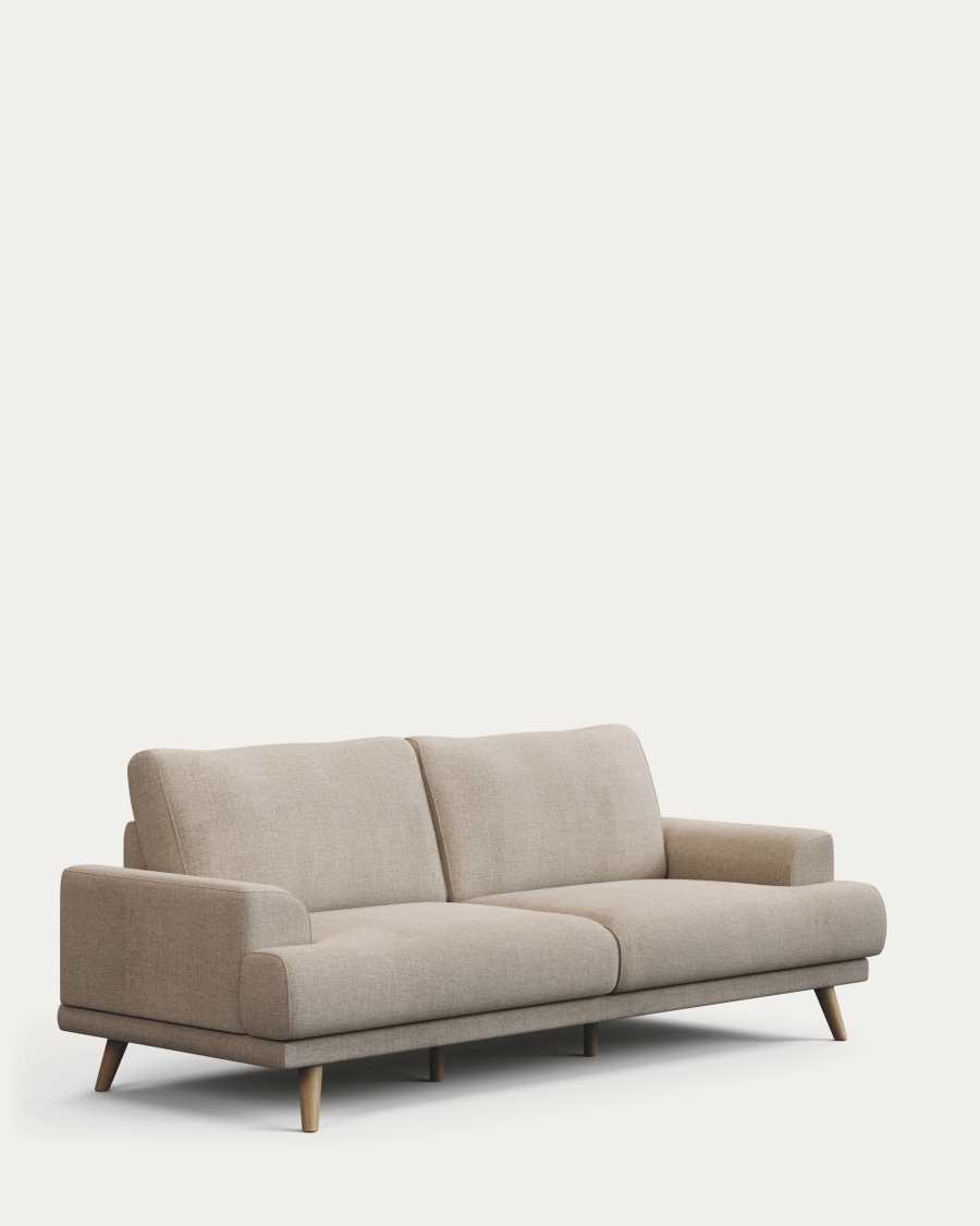 Karin 3-seater sofa beige with solid beech wood legs with natural finish, 231 cm