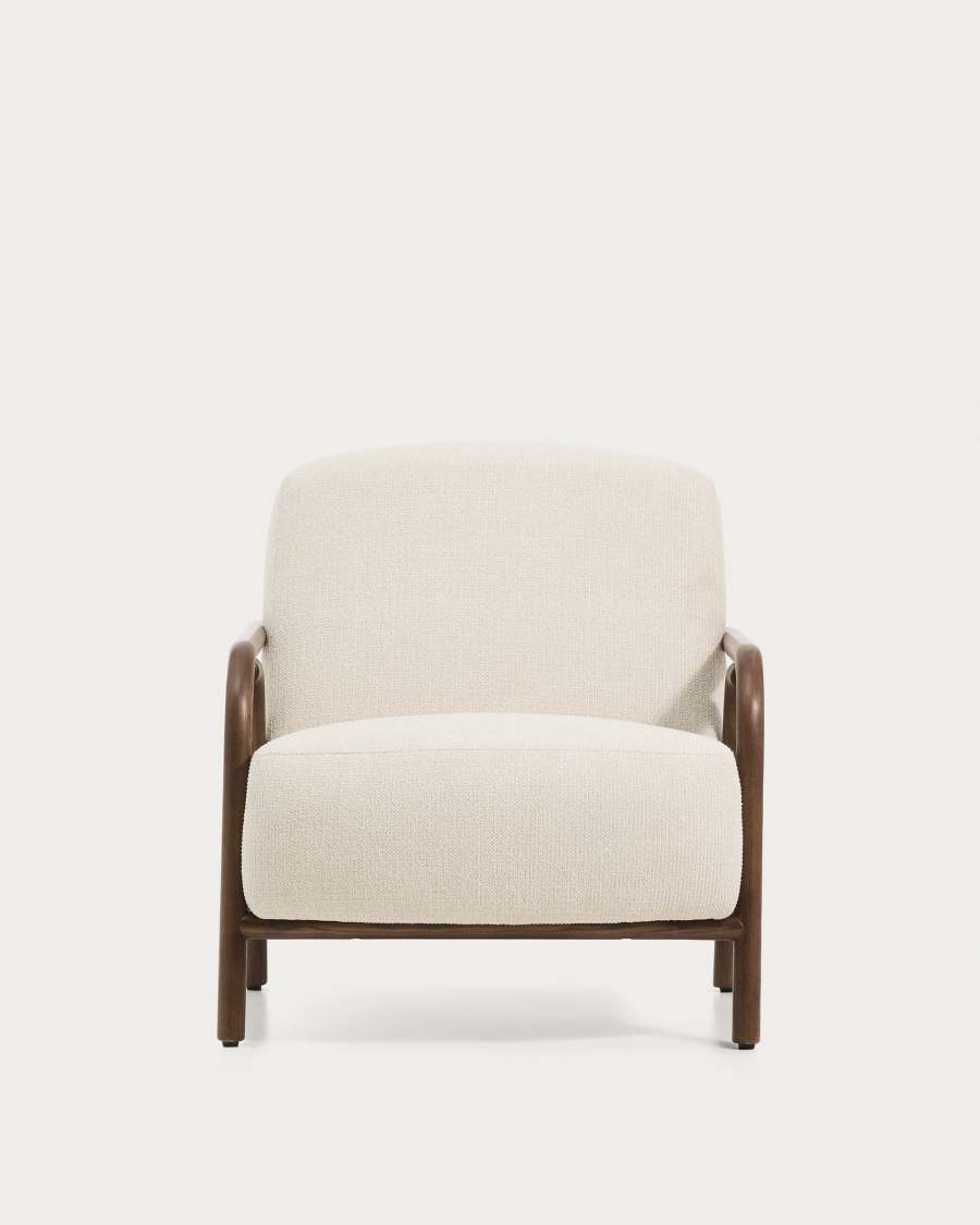 Sylo armchair in beige chenille and solid ash wood with walnut-coloured finish FSC 100%