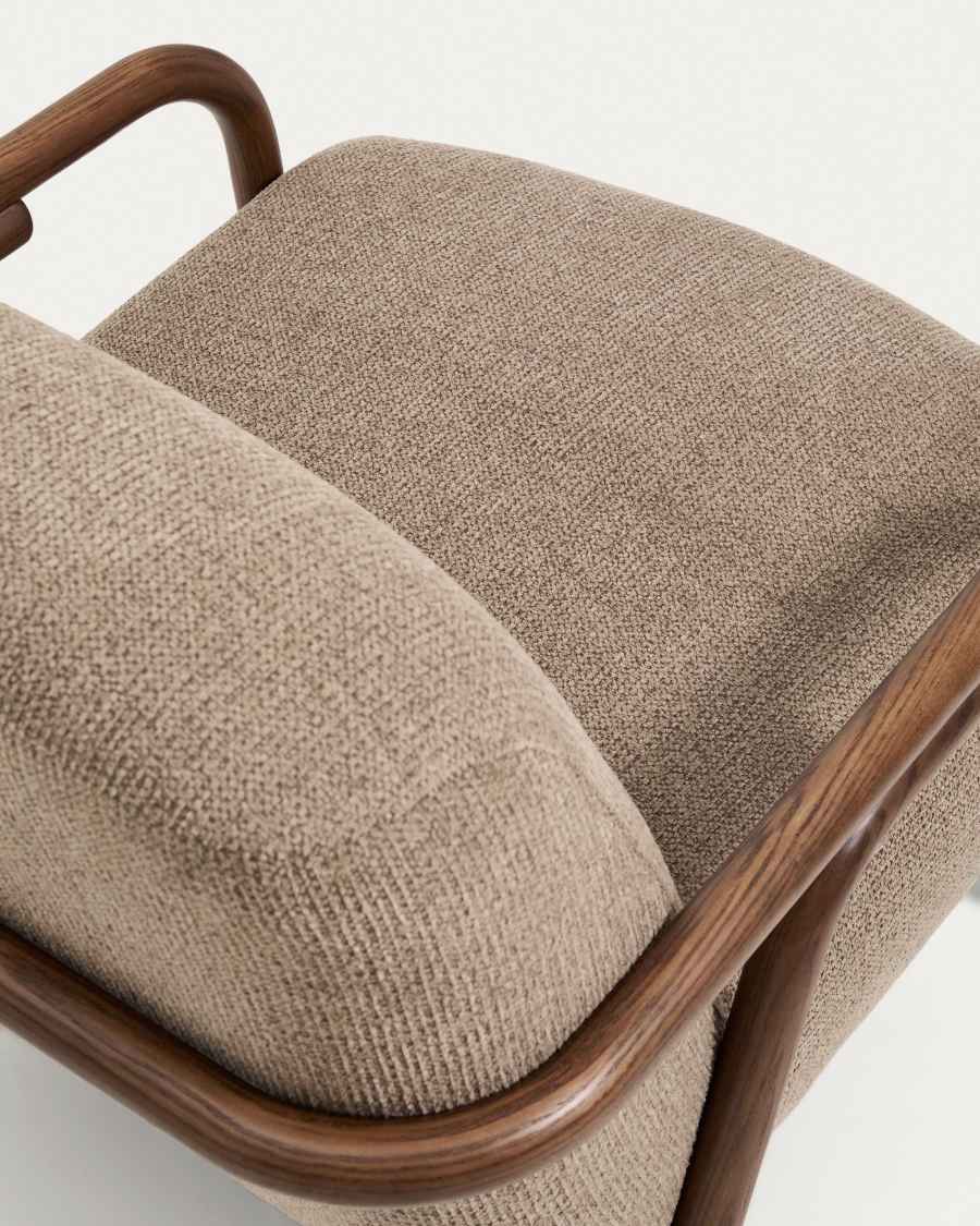 Sylo armchair in taupe chenille and solid ash wood with walnut-coloured finish FSC 100%