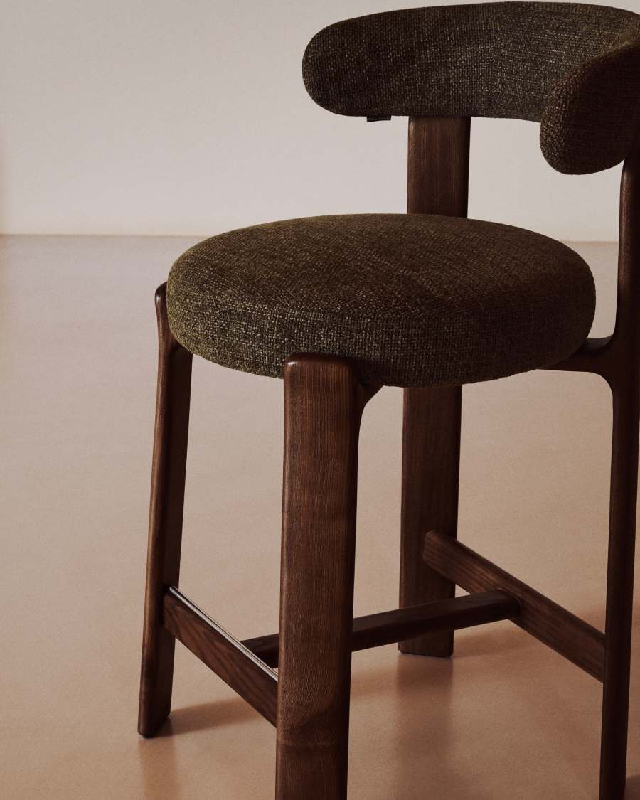 Granite stool in green chenille and solid ash wood with walnut-coloured finish FSC 100% 65cm