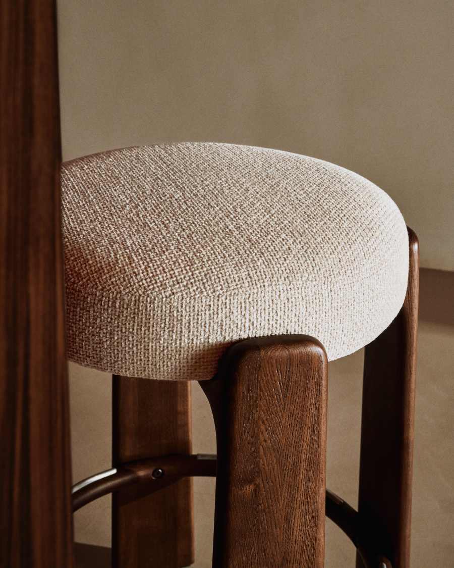 Granite stool in beige chenille and solid ash wood with walnut-coloured finish FSC 100% 65cm