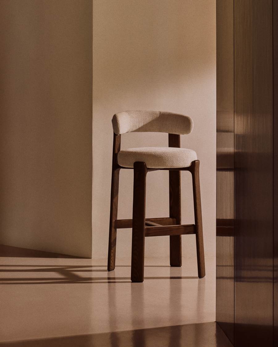 Granite stool in beige chenille and solid ash wood with walnut-coloured finish FSC 100% 75cm