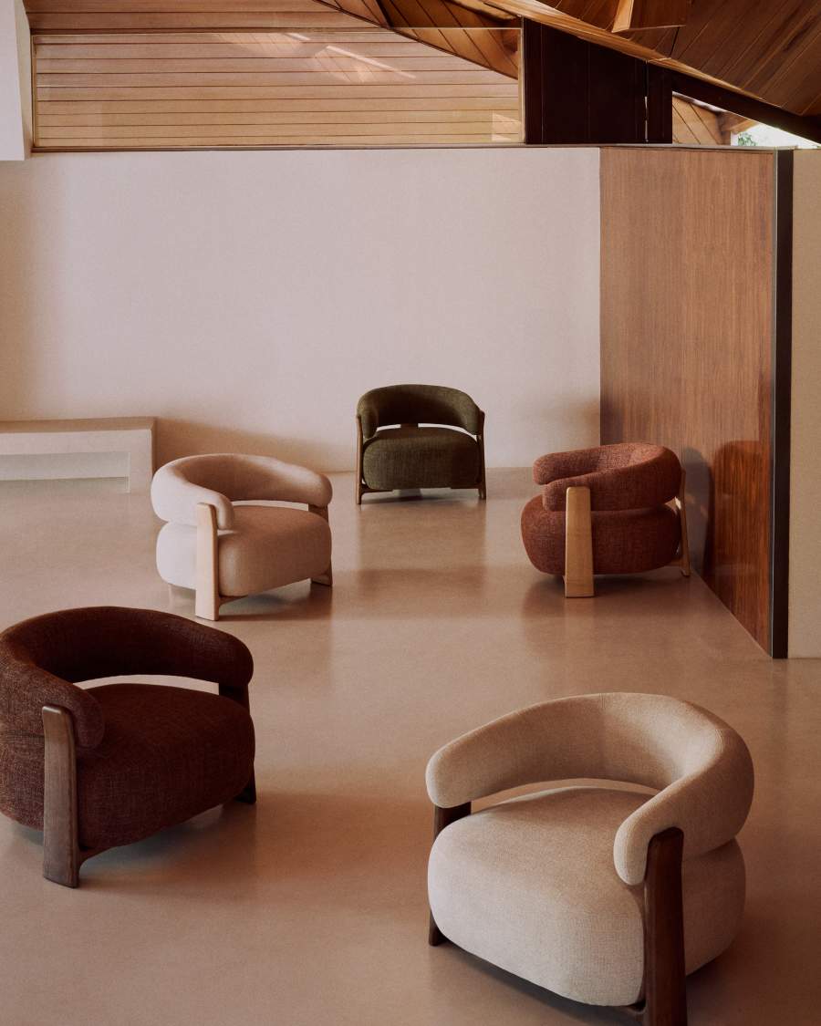 Granite brown chenille armchair with solid ash wood legs in a walnut finish FSC 100%