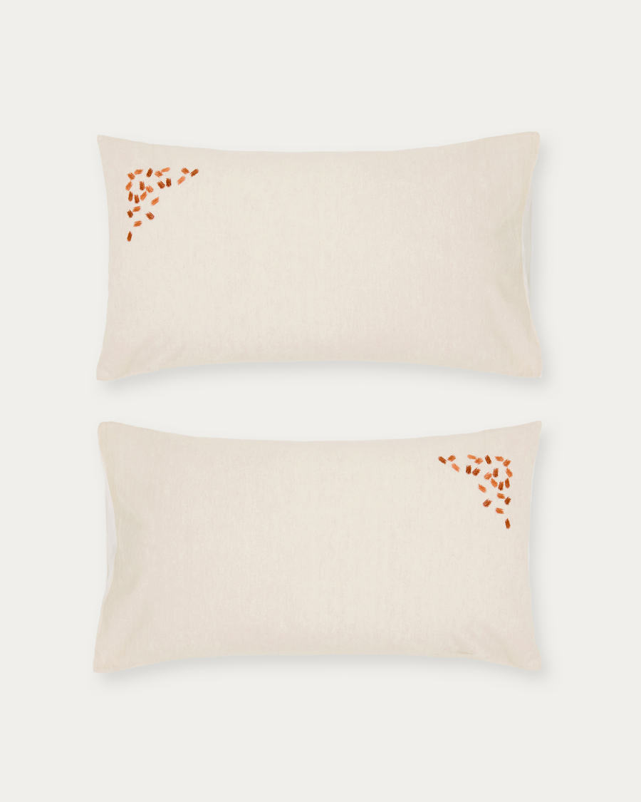 Virelda set of 2 beige cotton and linen pillow cases with embroidery detail 50 x 70 cm