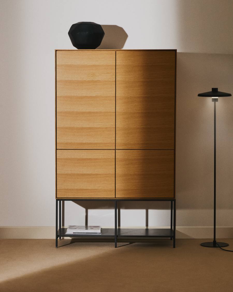 Vedrana 4 door tall sideboard in oak veneer with steel legs, 97.5 x 160 cm