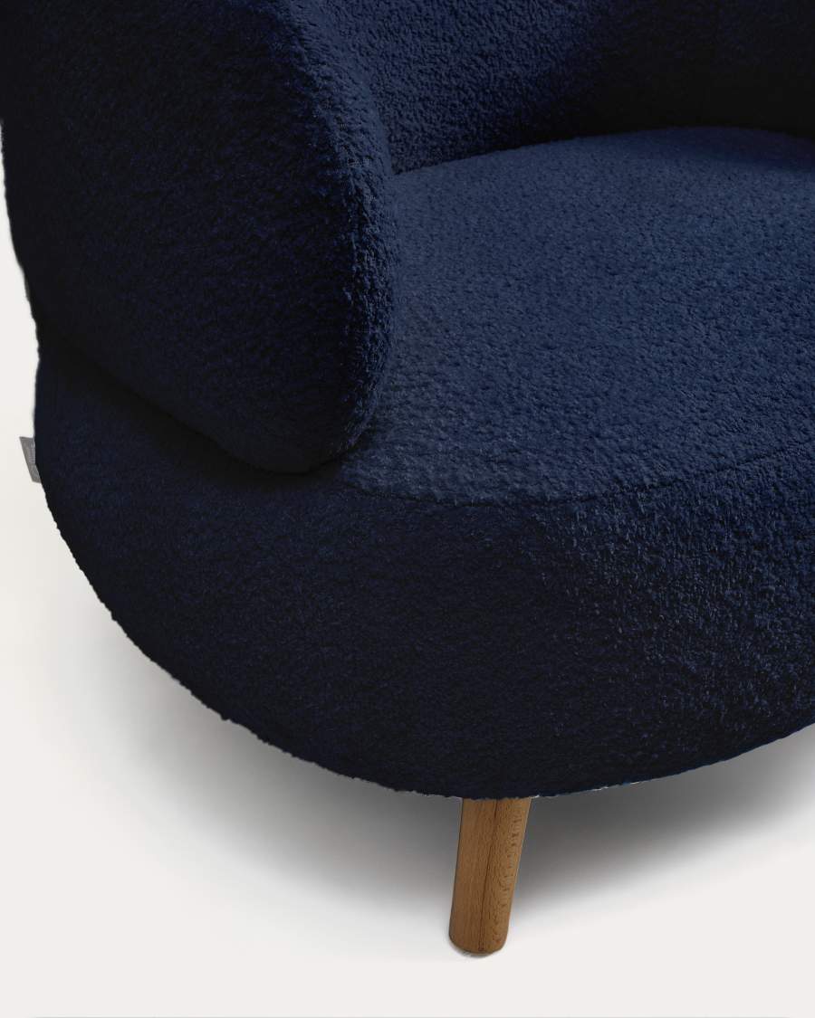 Luisa fire-retardant blue bouclé armchair with solid beech wood legs 90cm