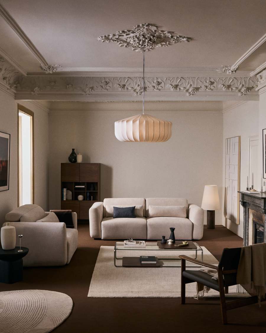 Divano Lares 2 posti con sedute scorrevoli motorizzate e poggiatesta reclinabile in ciniglia beige 150 cm